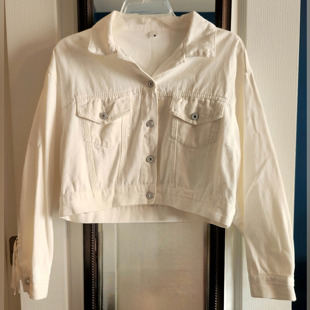 Fringe Cropped White Denim Jacket - Picture 2 of 7